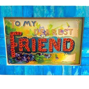 1910 Friendship Postcard in Blue, Handmade Mosaic 4x6 Frame